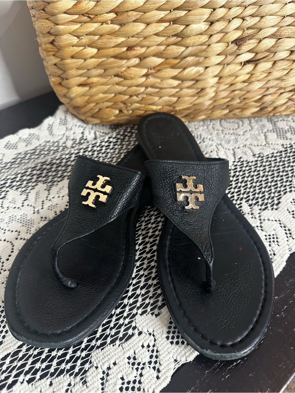 Tory Burch Black Leather Logo Thong Sandals with Gold Emblem